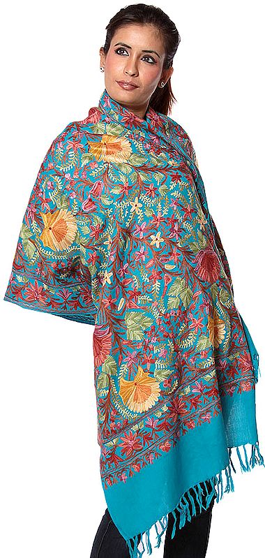 Robin-Egg Blue Jamdani Stole from Kashmir with Dense Floral Embroidery All-Over