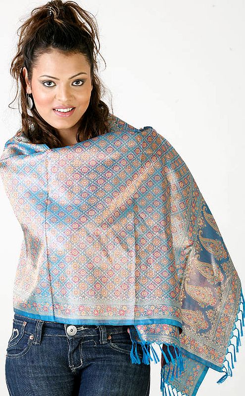 Robin-Egg Blue Resham Tehra Stole with Tanchoi Weave All Over