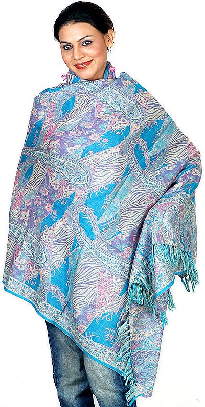 Robin-Egg Blue Reversible Jamawar Shawl with All-Over Weave