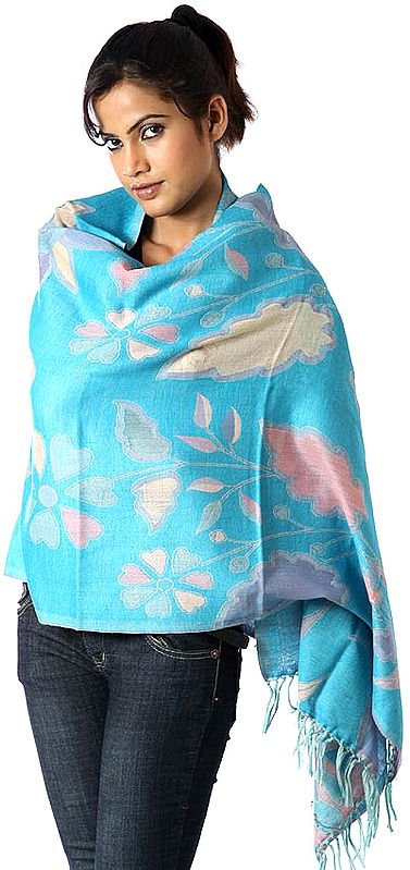 Robin-Egg Turquoise Jamawar Stole with Woven Flowers