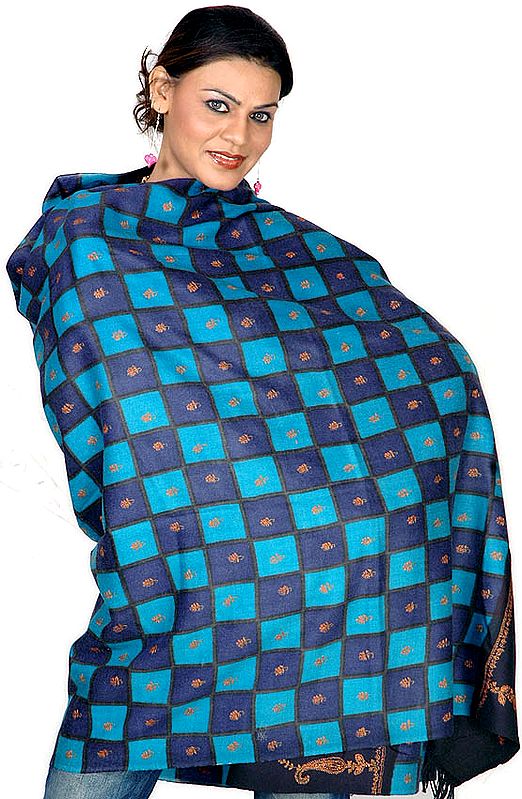 Royal-Blue and Turquoise Sozni Embroidered Shawl with Black Border