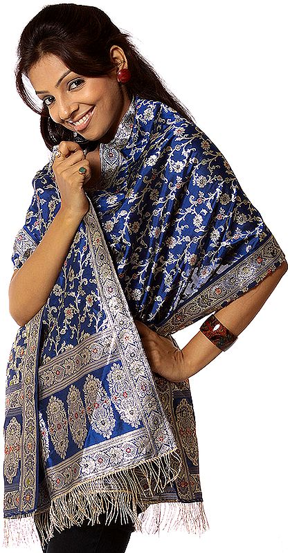 Royal-Blue Banarasi Scarf Hand-Woven with All-Over Golden Thread Weave