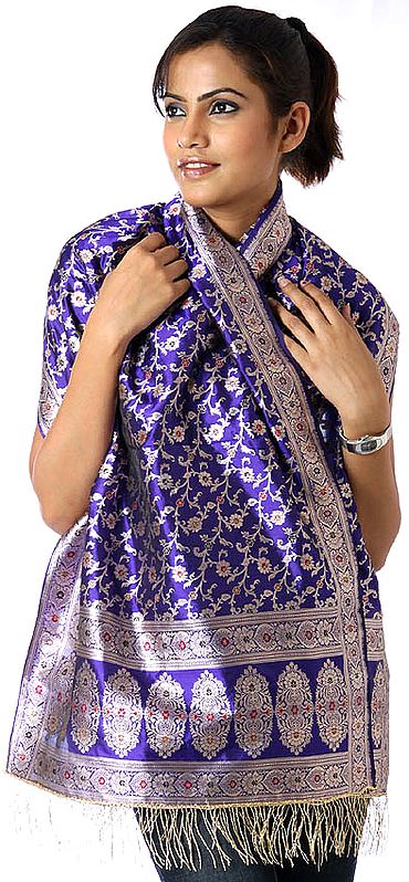 Persian-Blue Banarasi Stole Hand-Woven with All-Over Golden Thread Weave