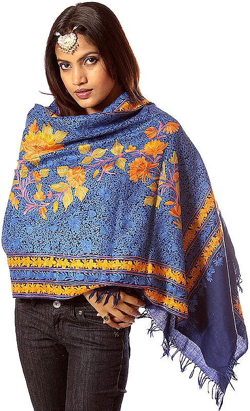 Royal-Blue Jamdani Stole from Kashmir with Dense Floral Embroidery