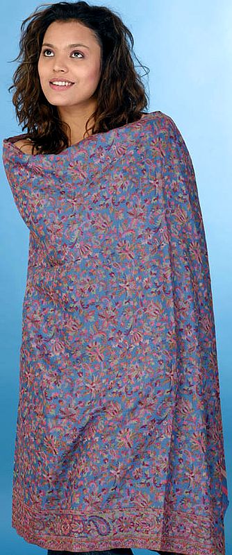 Royal-Blue Kani Shawl with Densely Woven Flowers