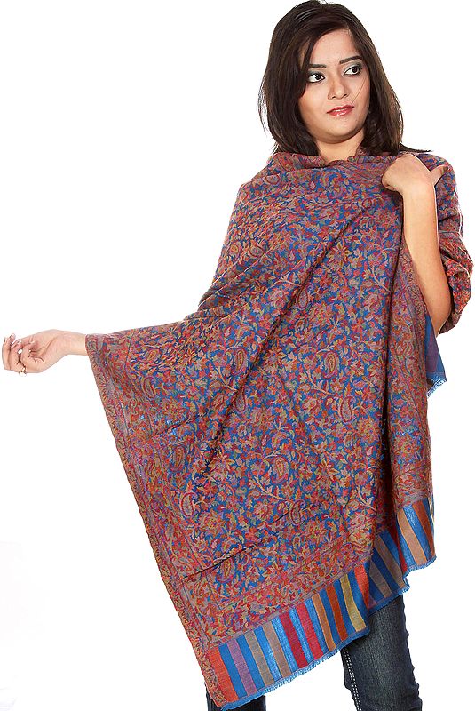Royal-Blue Kani Stole with Woven Paisleys in Multi-Color Threads
