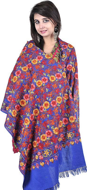 Royal-Blue Phulkari Stole from Kashmir with Aari Embroidered Flowers All-Over