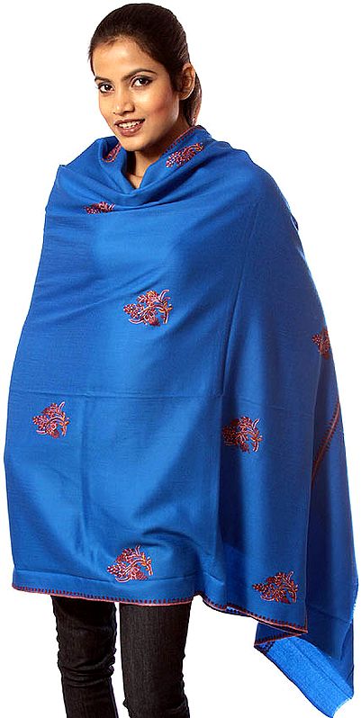 Royal-Blue Tusha Shawl with Sozni Embroidered Border and Bootis