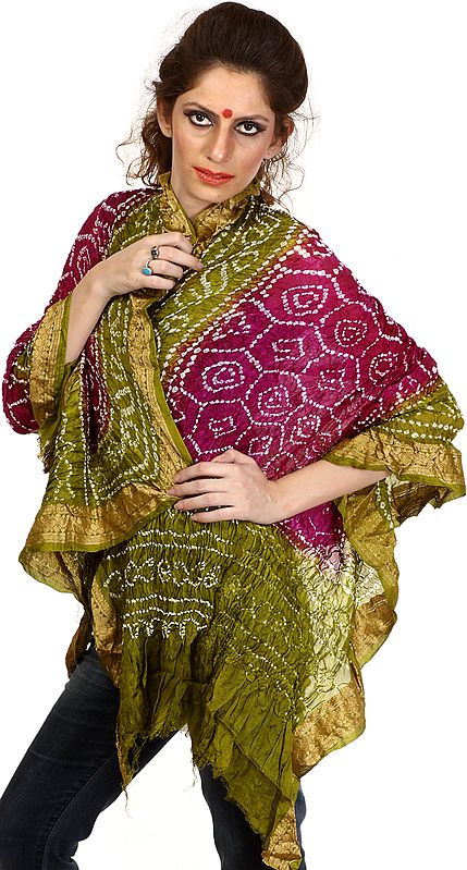 Royal-Lilac and Olive Bandhani Tie-Dye Dupatta from Gujarat
