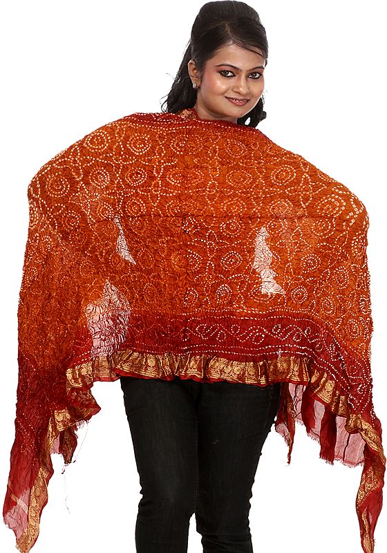 Rust and Maroon Bandhani Tie-Dye Stole from Gujarat
