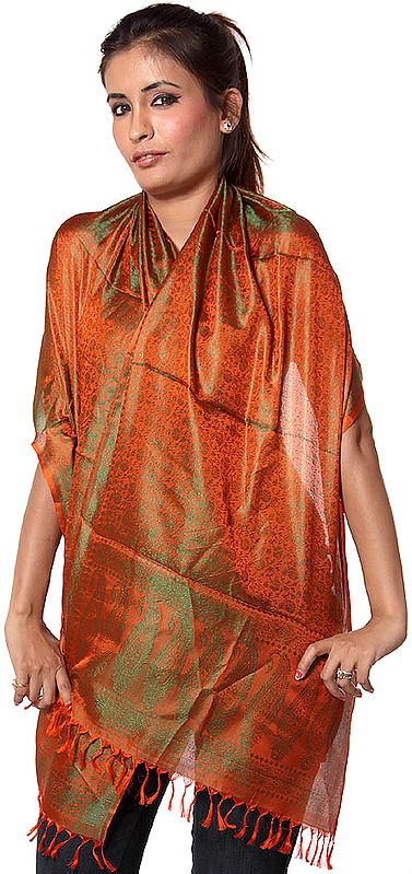 Rust Banarasi Scarf with Tanchoi Weave in Green Thread