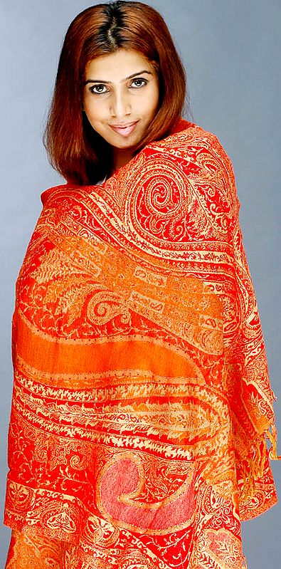 Rust Colored Jamawar Stole with Crystals