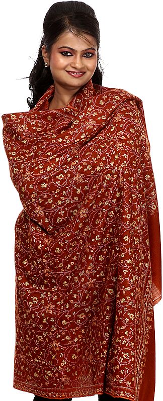 Rust Pure Pashmina Shawl with Intricate Sozni Hand-Embroidery All-Over