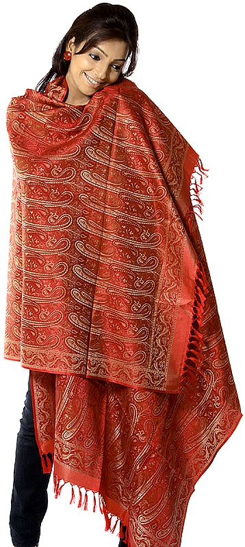 Rust Stylized Paisley Banarasi Shawl with All-Over Weave