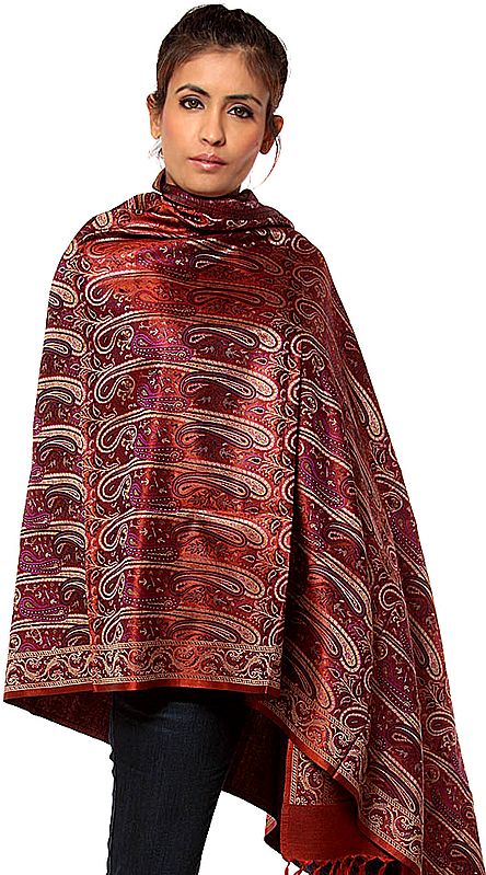 Rust Stylized Paisley Banarasi Shawl with All-Over Weave