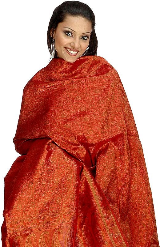 Rust-Colored Brocaded Shawl from Banaras