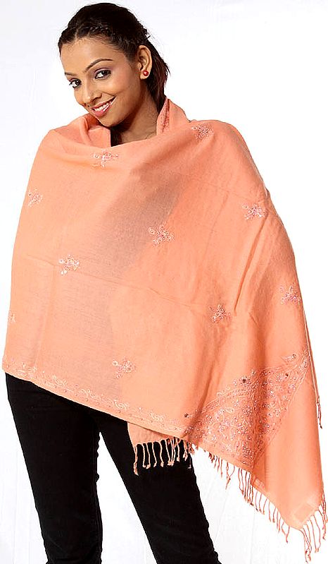 Salmon Aari Stole with Self-Colored Embroidery and Sequins