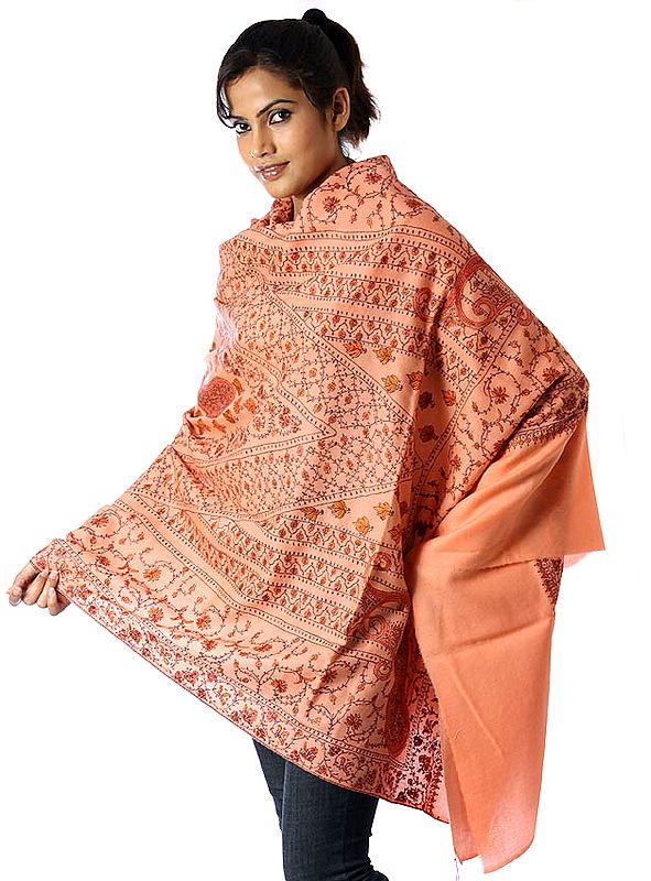 Salmon Tusha Shawl with All-Over Sozni Embroidery by Hand