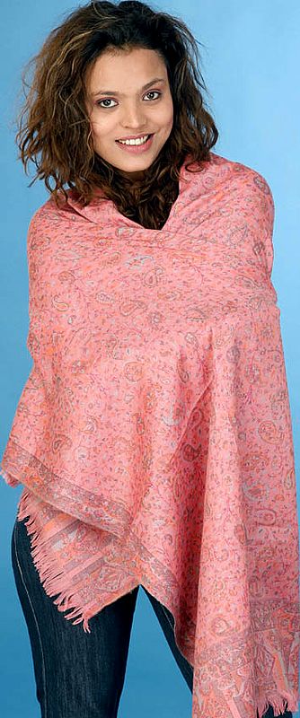 Salmon-Pink Kani Stole with All-Over Woven Paisleys