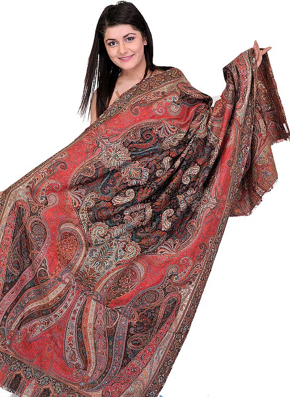 Scarlet and Black Kani Shawl with Woven Paisleys