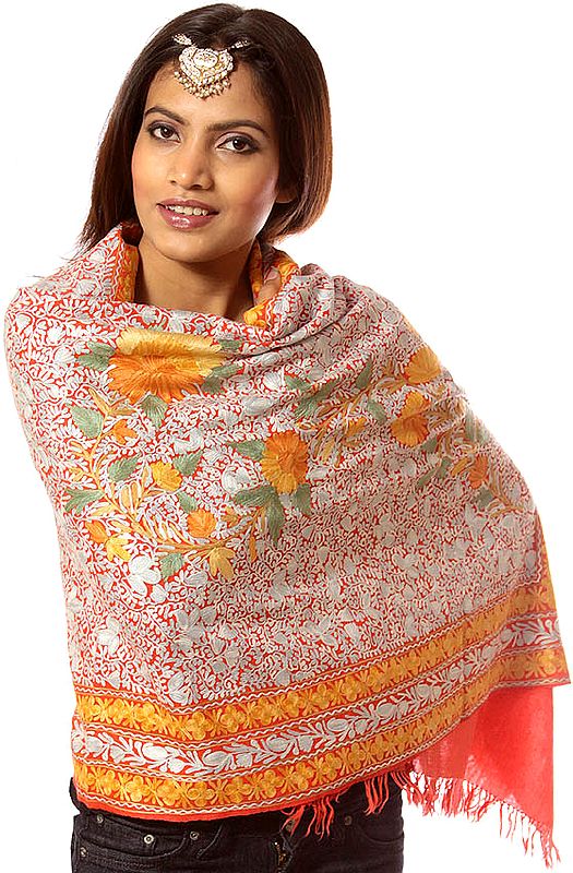 Scarlet Jamdani Stole from Kashmir with Dense Floral Embroidery