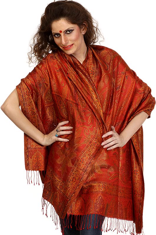 Scarlet Red Super-Silk Jamawar Stole with Large Woven Paisleys