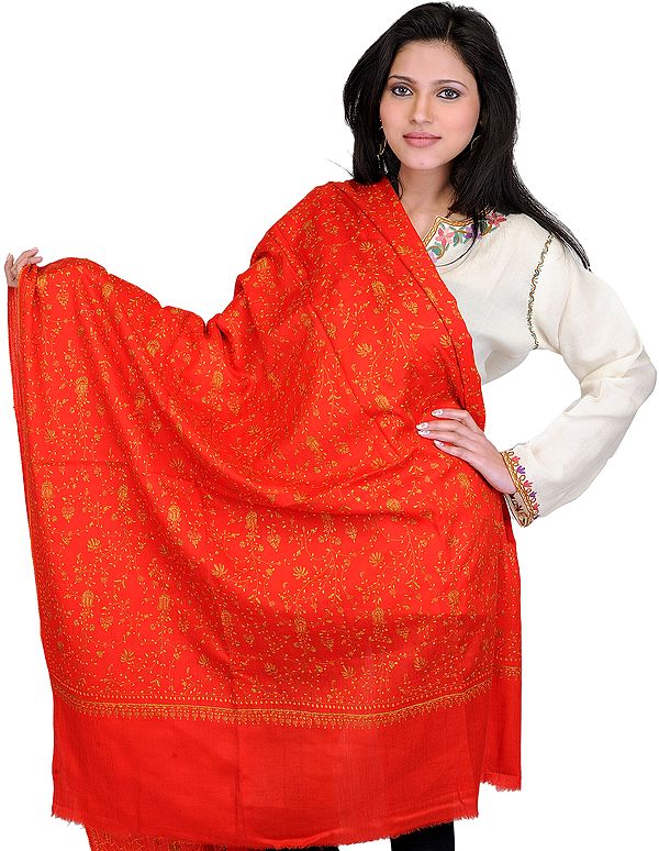 Scarlet Tusha Shawl from Kashmir with Sozni Embroidery by Hand