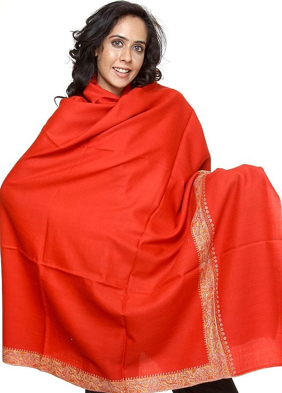 Scarlet Tusha Shawl with Densely Hand-Embroidered Border