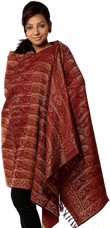 Seal-Brown Stylized Paisley Banarasi Shawl with All-Over Weave