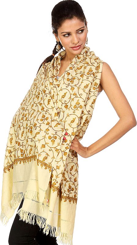 Seedpearl Kashmiri Stole with Hand-Embroidered Creepers All-Over