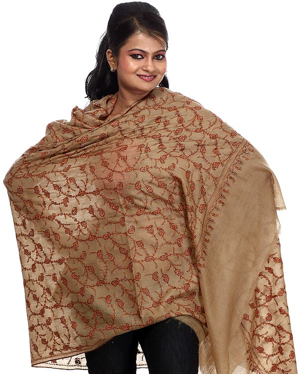 Seneca Rock-Gray Pure Pashmina Shawl from Kashmir with Sozni Hand embroidered Paisleys All-Over