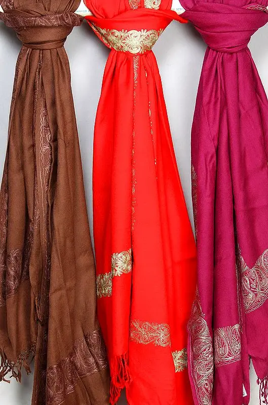 Lot of Three Stoles with Aari Embroidery on Border