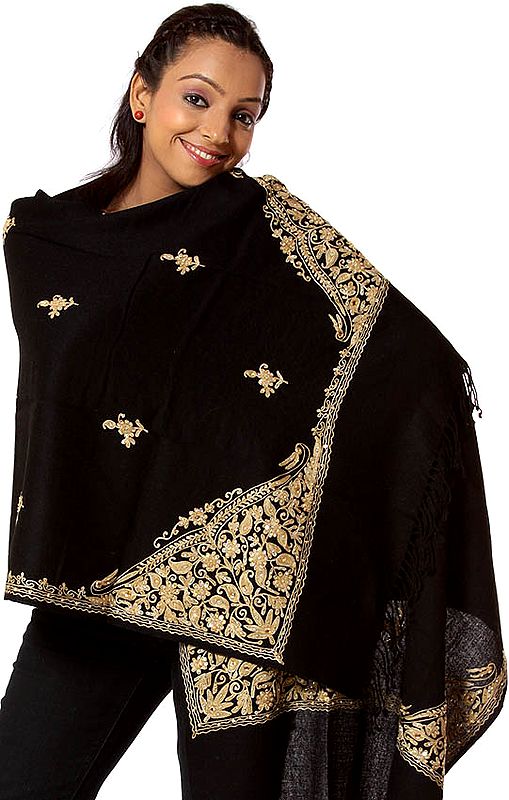 Black Stole with Crewel Embroidery and Sequins