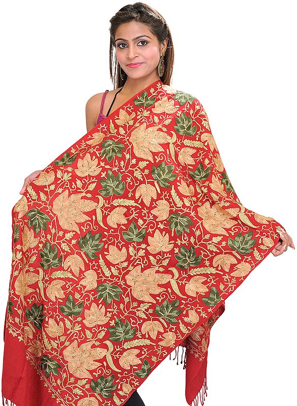 Crewel Stole with Embroidered Maple Leaves All-Over