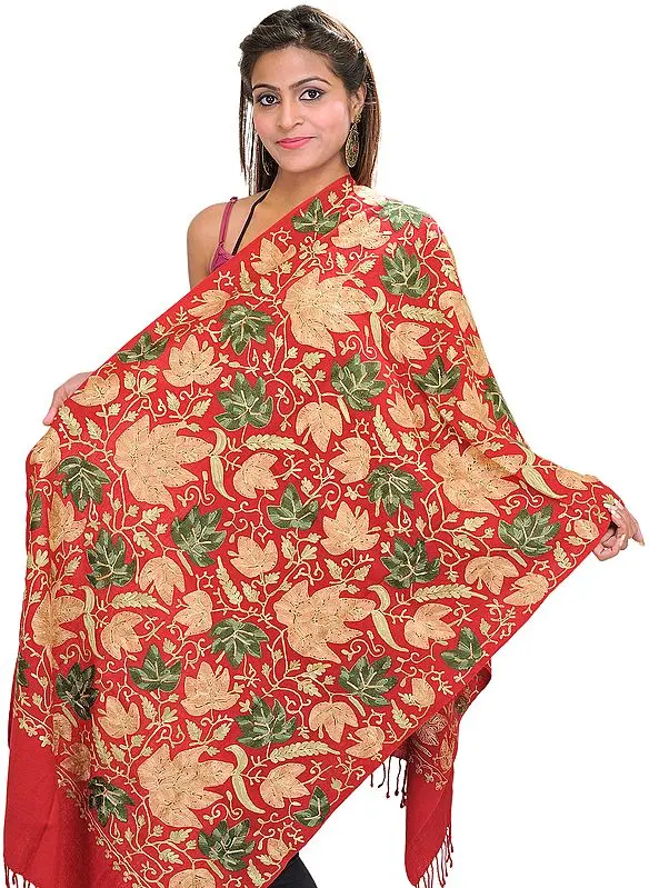 Crewel Stole with Embroidered Maple Leaves All-Over