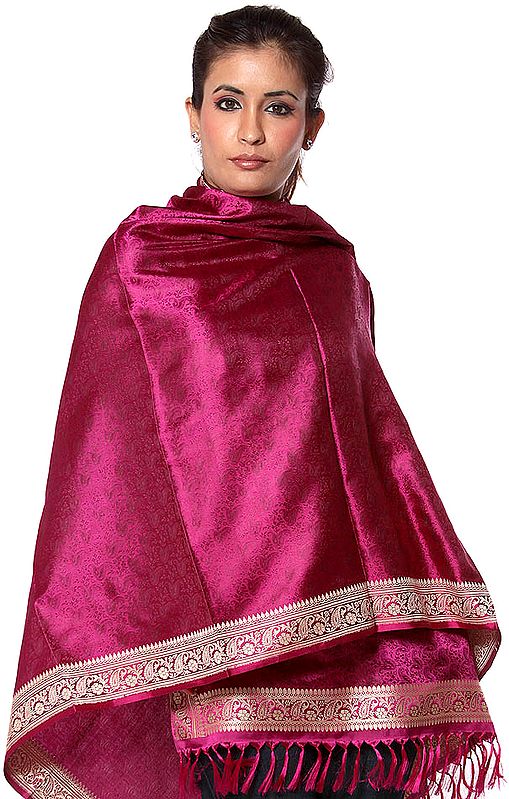 Fuchsia-Rose Banarasi Hand-Woven Shawl with All-Over Tanchoi Weave