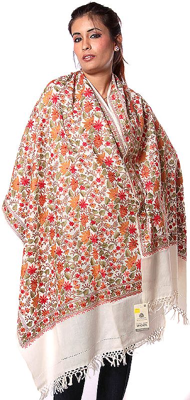 Ivory Aari Stole with Floral Embroidery All-Over