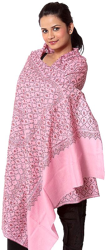 Pink Tusha Shawl with All-Over Sozni Embroidery by Hand