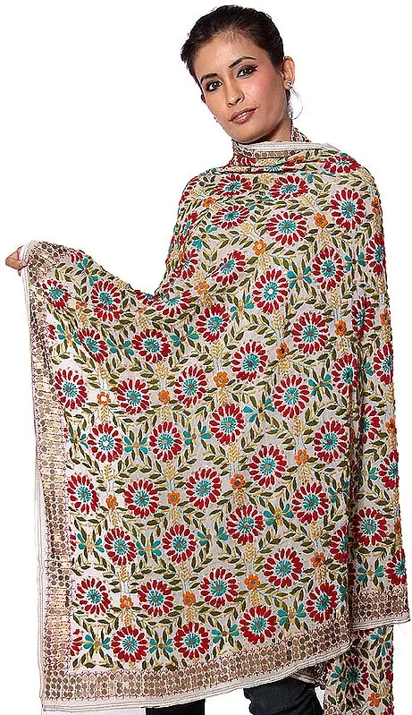 Ivory Kantha Embroidered Shawl with All-Over Sequins