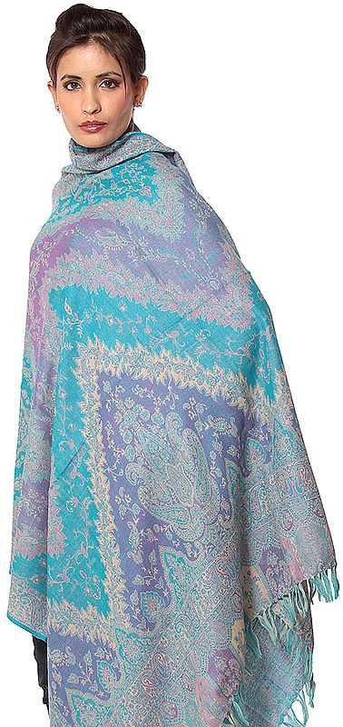 Blue and Purple Reversible Jamawar Shawl with All-Over Weave
