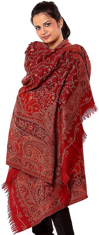 Red and Maroon Jamawar Shawl with All-Over Needle Stitch Embroidery by Hand