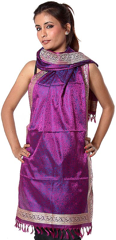 Purple-Wine Banarasi Hand-Woven Stole with All-Over Tanchoi Weave