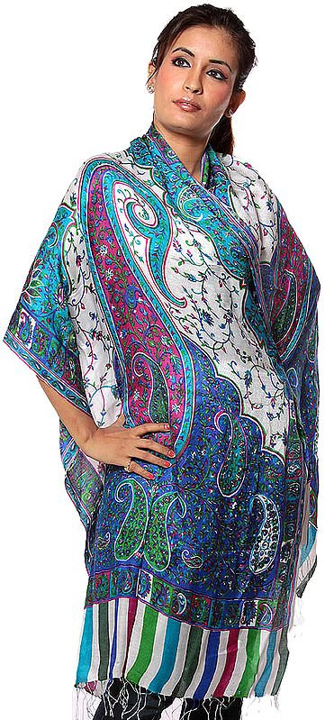 White and Blue Kani Printed Stole