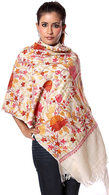 Ivory Jamdani Stole from Kashmir with Large Embroidered Flowers