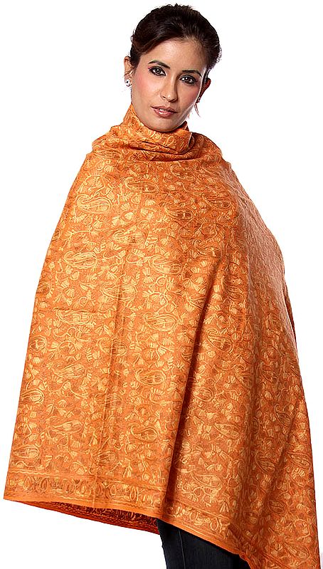 Orange Shawl with Aari Embroidered Paisleys All-Over