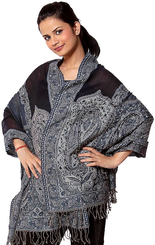 Blue and Gray Jamawar Stole with Embroidered Beads