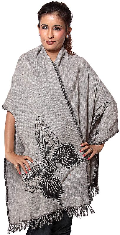 Gray and Black Double-Sided Boiled-Wool Stole with Woven Butterfly