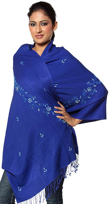 Ultramarine-Blue Silk-Pashmina Stole from Nepal with Embroidered Beads