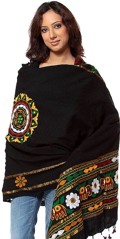Black Shawl from Kutchh with Multi-Color Embroidery