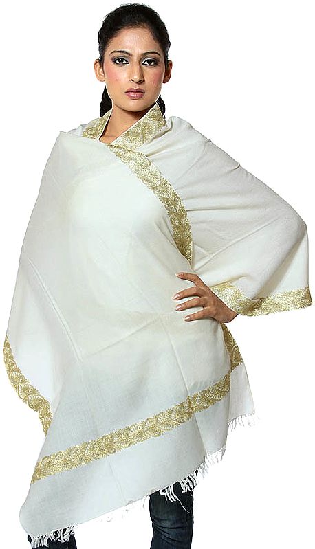 Plain Ivory Stole with Embroidered Border in Golden Thread